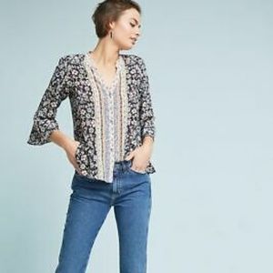 Anthropologie Silk Button Down Floral Print Blouse